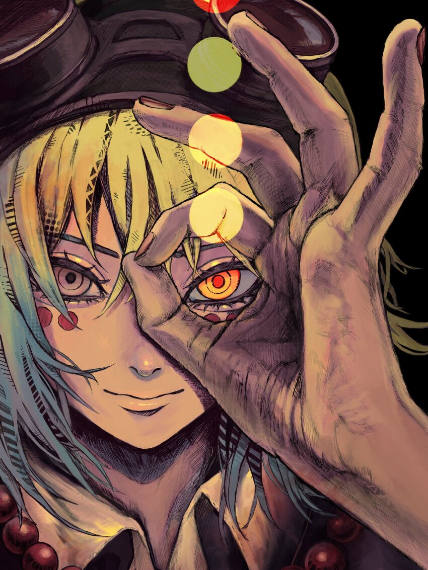 1girl absurdres aqua_hair bead_necklace beads black_background blonde_hair brown_eyes closed_mouth collared_shirt commentary eyewear_on_head fingernails gradient_hair hair_between_eyes hand_over_eye heterochromia highres jewelry light_smile looking_at_viewer lui_n24 mark_under_both_eyes medium_hair multicolored_hair necklace ok_sign ok_sign_over_eye original portrait red_pupils shirt simple_background solo symbol-only_commentary white_shirt yellow_eyes