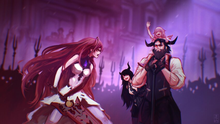 absurdres artist_request asymmetrical_horns beard black_hair carrying carrying_person colored_inner_hair demon_horns elizabeth_rose_bloodflame facial_hair gloves grey_hair highres hololive hololive_english horns jailbird_(nerissa_ravencroft) koseki_bijou long_hair multicolored_hair multiple_girls necktie nerissa_ravencroft on_shoulder open_mouth paparissa polearm red_eyes red_hair scar scar_on_arm shirt shoulder_carry sitting sitting_on_person sitting_on_shoulder size_difference smile sword two-tone_hair uneven_horns vest virtual_youtuber waving weapon