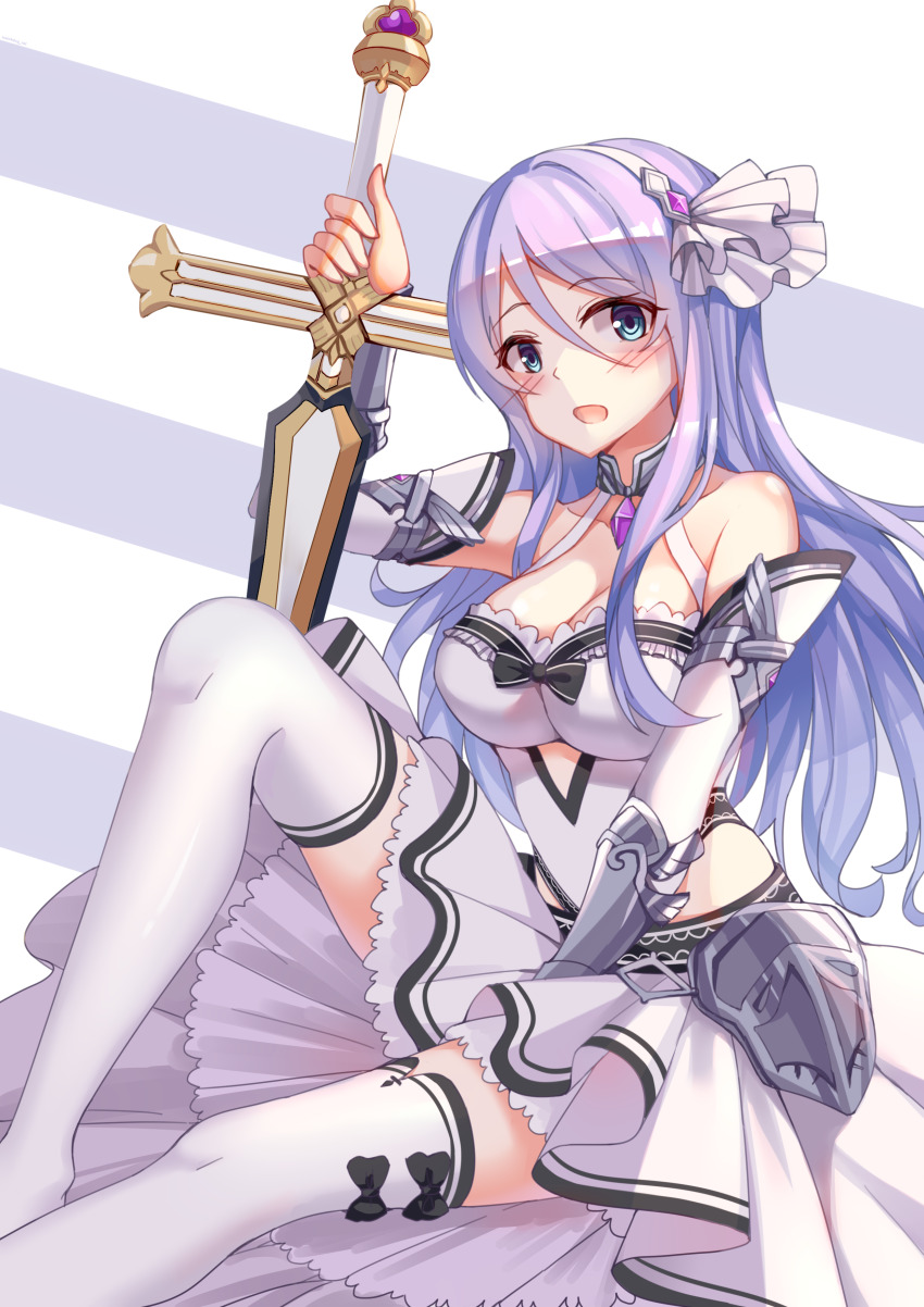 1girl absurdres boots bow breasts cleavage detached_sleeves dress gauntlets hair_between_eyes hairband highres long_hair princess_connect! purple_hair shizuru_(princess_connect!) solo sword thigh_boots thighhighs watchdog_rol_(y1104280730) weapon white_dress white_sleeves white_thighhighs