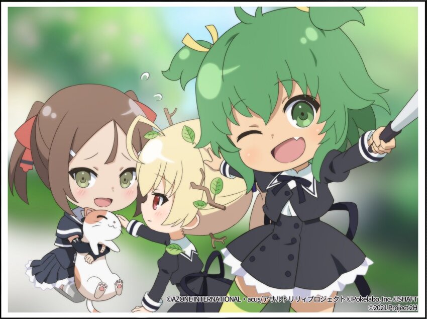 3girls :3 ;d ahoge ando_tazusa animal antenna_hair assault_lily black_border black_ribbon black_skirt blonde_hair blurry blurry_background blush border bow branch brown_hair buttons cat chibi closed_eyes closed_mouth commentary_request cropped_jacket crossover day detached_sleeves fang flat_chest flying_sweatdrops green_eyes green_hair green_theme grey_thighhighs hair_between_eyes hair_ribbon hand_on_another&#039;s_head hands_up high-waist_skirt holding holding_animal holding_cat juliet_sleeves leaf leaf_on_head long_sleeves looking_at_animal looking_at_viewer miniskirt miyoshi_karin multicolored_thighhighs multiple_girls neck_ribbon official_art one_eye_closed open_mouth outdoors outstretched_arm outstretched_arms parted_bangs pleated_skirt ponytail profile puffy_sleeves red_eyes red_ribbon ribbon school_uniform seiza selfie selfie_stick short_hair short_sleeves sitting skirt sleeve_bow sleeves_past_wrists smile standing striped_clothes striped_thighhighs thighhighs tree twintails two_side_up watermark white_border white_bow yellow_ribbon yellow_thighhighs yoshimura_thi_mai yurigaoka_girls_academy_school_uniform yuuki_yuuna_wa_yuusha_de_aru yuusha_de_aru zettai_ryouiki