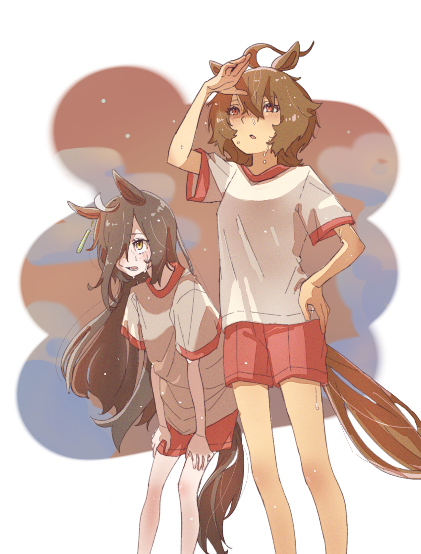 2girls absurdres agnes_tachyon_(umamusume) ahoge animal_ears black_hair breasts brown_hair ear_tag earrings exhausted flat_chest hair_between_eyes hair_over_one_eye hands_on_own_knees highres holding horse_ears horse_girl huge_ahoge jewelry leaning_forward long_hair multicolored_hair multiple_girls noon_463 open_mouth parted_lips red_eyes red_shorts shirt short_sleeves shorts single_earring small_breasts sweatdrop umamusume very_long_hair white_hair white_shirt yellow_eyes