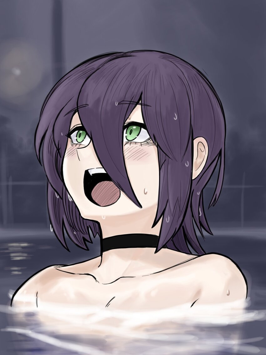 1girl black_choker black_hair chainsaw_man choker green_eyes hair_between_eyes hashtag-only_commentary highres medium_hair night open_mouth outdoors partially_submerged pool reze_(chainsaw_man) solo teeth thebabalgam upper_teeth_only water wet