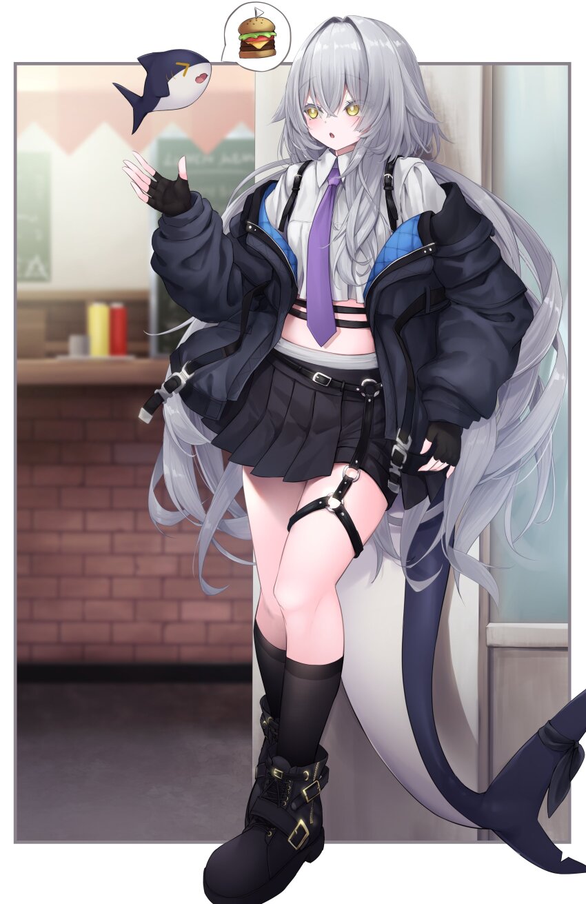 1girl :o absurdres against_wall ahoge belt belt_buckle black_belt black_coat black_gloves black_jacket black_ribbon black_shoes black_shorts black_skirt black_socks blue_necktie blurry blurry_background blush boots border breasts brick_wall buckle burger cetacean_tail chest_harness coat collared_shirt counter crop_top cropped_shirt crossed_bangs depth_of_field dorsal_fin fingerless_gloves fins fish_tail food french_fries full_body garter_straps gloves grey_hair grey_skirt hair_between_eyes hair_intakes hand_up harness highres indoors jacket kneehighs legwear_garter long_hair long_sleeves looking_at_viewer menu_board midriff miniskirt monster_girl navel necktie o-ring o-ring_thigh_strap off_shoulder open_clothes open_jacket open_mouth orca outside_border parted_lips pleated_skirt pocket puffy_long_sleeves puffy_sleeves purple_necktie restaurant ribbon rurune_(vrchat) shark shark_girl shark_tail shirt shoes shorts sidelocks skindentation skirt small_breasts socks solo speech_bubble spoken_food spoken_object standing stuffed_animal stuffed_shark stuffed_toy suspenders tail tail_ornament tail_raised thigh_strap thighs two-sided_fabric two-sided_jacket very_long_hair vrchat white_border white_shirt wing_collar yellow_eyes yuki_kawachi