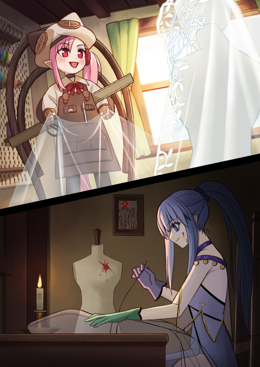 2girls apron asymmetrical_gloves beret blood blood_on_face blue_eyes blue_hair bridal_veil brown_apron candle commission crazy_smile crossed_out dress empty_eyes fate/grand_order fate_(series) fingerless_gloves gloves habetrot_(fate) hat highres long_hair medea_(fate) medea_lily_(fate) mismatched_gloves multiple_girls pink_hair pointy_ears ponytail red_eyes ruler second-party_source sewing shintyoi2 side_ponytail skeb_commission smile veil wedding_dress