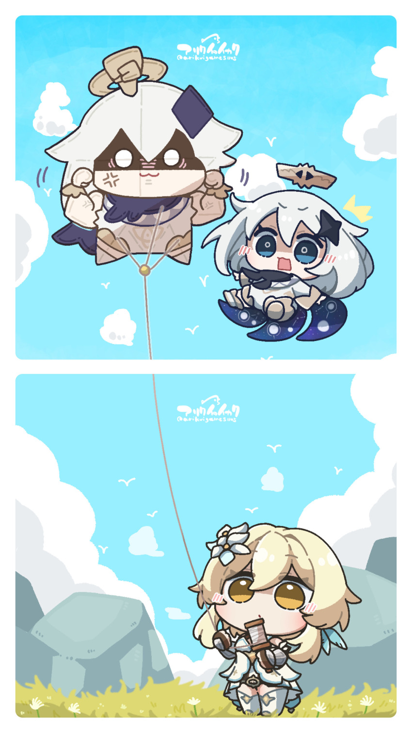 2girls ^^^ absurdres arikuigames1105 blonde_hair blue_eyes blue_sky blush boots chibi chibi_only cloud commentary_request day dress flower flying full_body genshin_impact gold_trim grass hair_flower hair_ornament halo highres kite long_sleeves looking_up lumine_(genshin_impact) multiple_girls on_grass open_mouth outdoors paimon_(genshin_impact) shaded_face short_hair signature sky standing thigh_boots white_dress white_footwear white_romper yellow_eyes