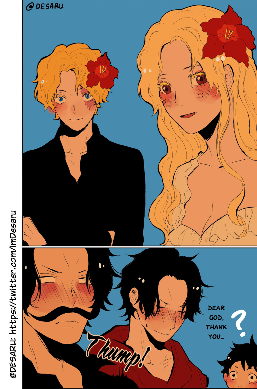 1girl 4boys ? absurdres black_hair black_shirt blank_eyes blonde_hair blue_background blue_eyes blush closed_eyes desaru eyelashes facial_hair father_and_son flower freckles gol_d._roger hair_flower hair_ornament hibiscus highres hood hoodie monkey_d._luffy mother_and_son multiple_boys mustache one_piece portgas_d._ace portgas_d._rouge red_hoodie sabo_(one_piece) scar scar_on_face shirt short_hair twitter_username