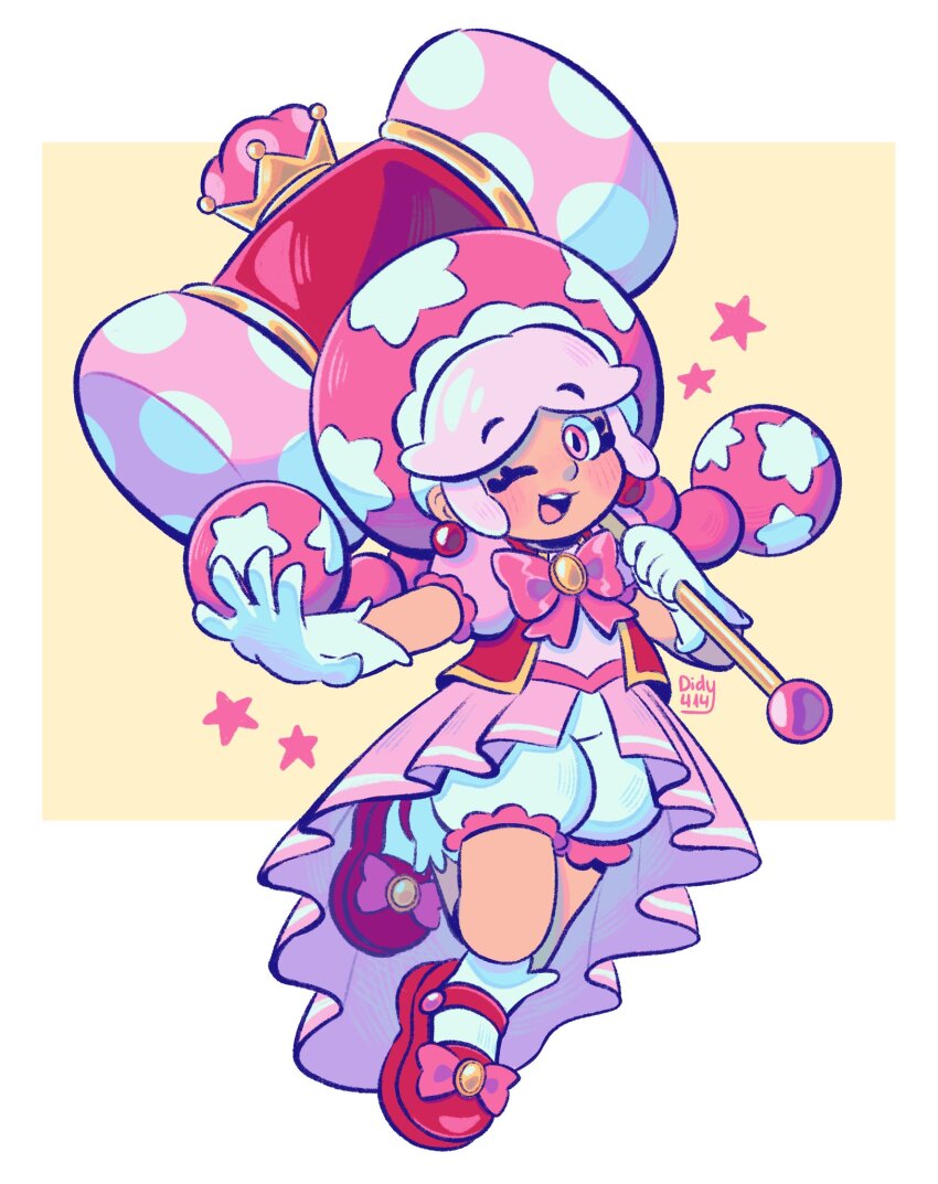 1girl blue_eyes bow braid didy414 dress footwear_bow full_body gloves hammer happy hat highres holding holding_hammer jewelry looking_at_viewer magical_girl mario_(series) mary_janes nintendo open_mouth pink_bow pink_dress puffy_short_sleeves puffy_sleeves red_shoes shoes short_hair short_sleeves smile solo standing standing_on_one_leg toadette