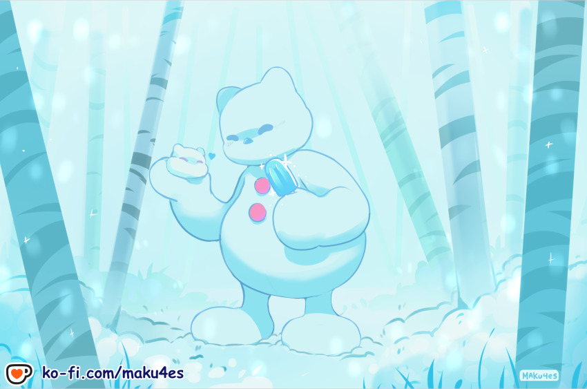 artist_name birch_tree closed_eyes digimon digimon_(creature) food happy highres ko-fi_logo ko-fi_username maku4es no_humans outdoors popsicle snow tree watermark web_address yukidarumon yukimibotamon