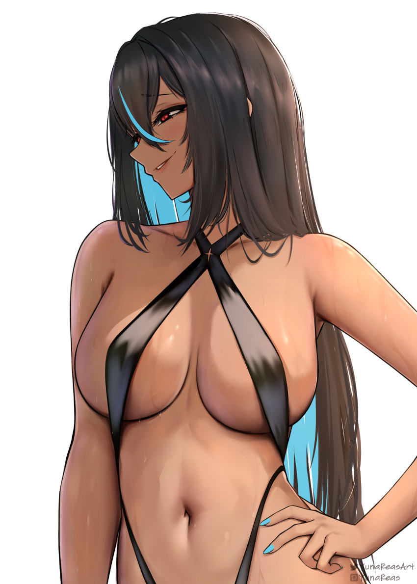 1girl absurdres black_hair black_one-piece_swimsuit blue_hair blue_nails breasts collarbone colored_inner_hair commentary covered_erect_nipples criss-cross_halter dark-skinned_female dark_skin english_commentary goddess_of_victory:_nikke hair_between_eyes halterneck hand_on_own_hip highres indivilia_(nikke) large_breasts long_hair looking_to_the_side multicolored_hair navel one-piece_swimsuit parted_lips pixiv_username red_eyes smile solo sweat swimsuit twitter_username upper_body very_long_hair white_background yunareas