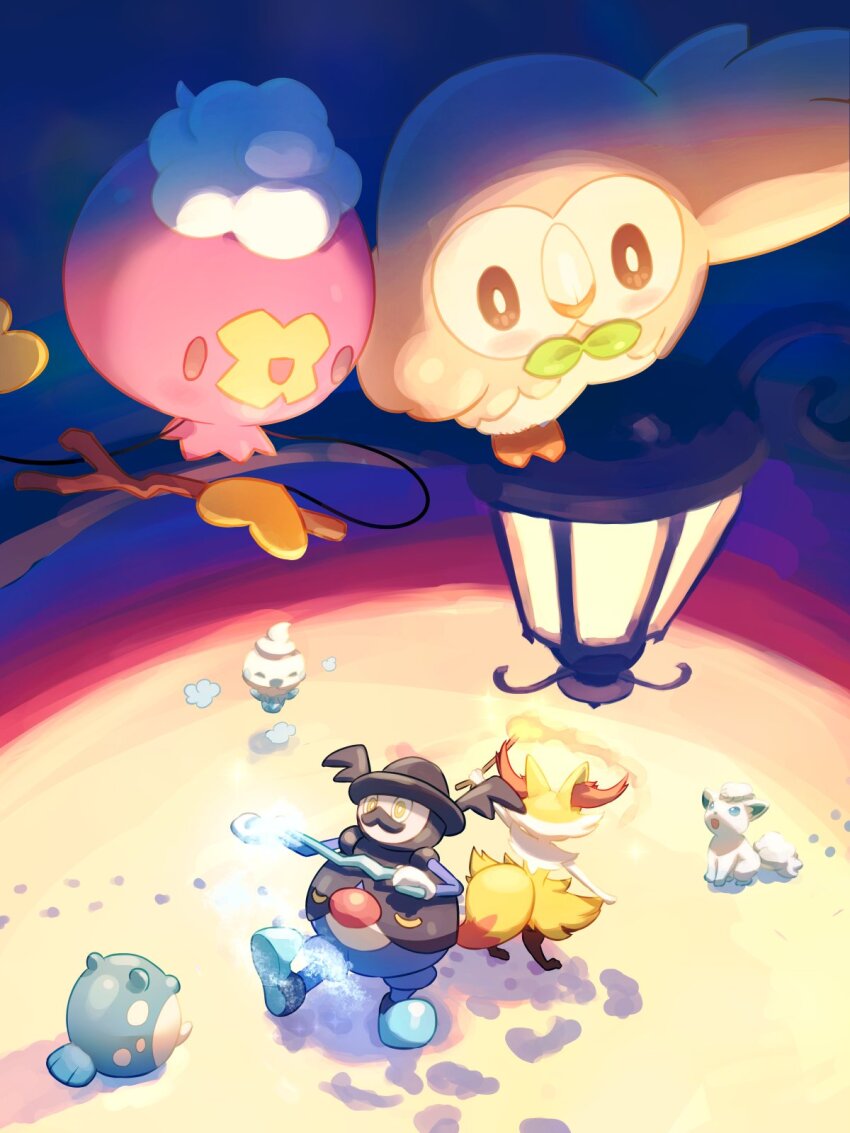 :d alolan_form alolan_vulpix braixen commentary_request drifloon fire footprints gen_3_pokemon gen_4_pokemon gen_5_pokemon gen_6_pokemon gen_7_pokemon gen_8_pokemon highres lantern looking_up mokukitusui mr._rime nintendo no_humans open_mouth pokemon pokemon_(creature) rowlet smile snow spheal standing stick vanillite