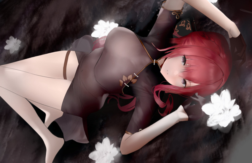 1girl azur_lane bii_bii_(bronzeii002) black_gloves braid china_dress chinese_clothes crown_braid dress feather_boa flower gloves half_gloves long_hair looking_at_viewer lying monarch_(azur_lane) monarch_(black_gerard)_(azur_lane) official_alternate_costume on_back red_hair solo taut_clothes taut_dress white_flower