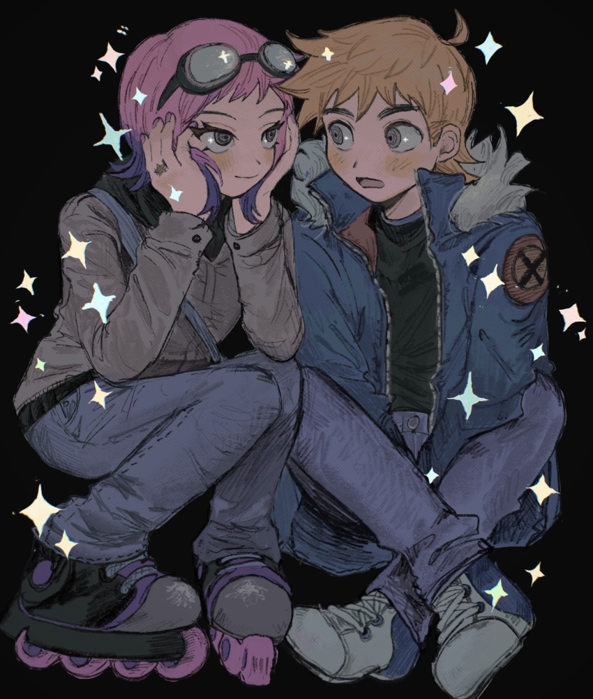 1boy 1girl black_background blush commentary couple denim eye_contact fur-trimmed_jacket fur_trim goggles goggles_on_head grey_eyes hetero highres indian_style jacket jeans looking_at_another multicolored_hair open_clothes open_jacket orange_hair pants pink_hair purple_hair ramona_flowers ringed_eyes roller_skates scott_pilgrim scott_pilgrim_(series) scott_pilgrim_takes_off sema_(vivaviva_02) short_hair simple_background sitting skates sparkle squatting symbol-only_commentary two-tone_hair