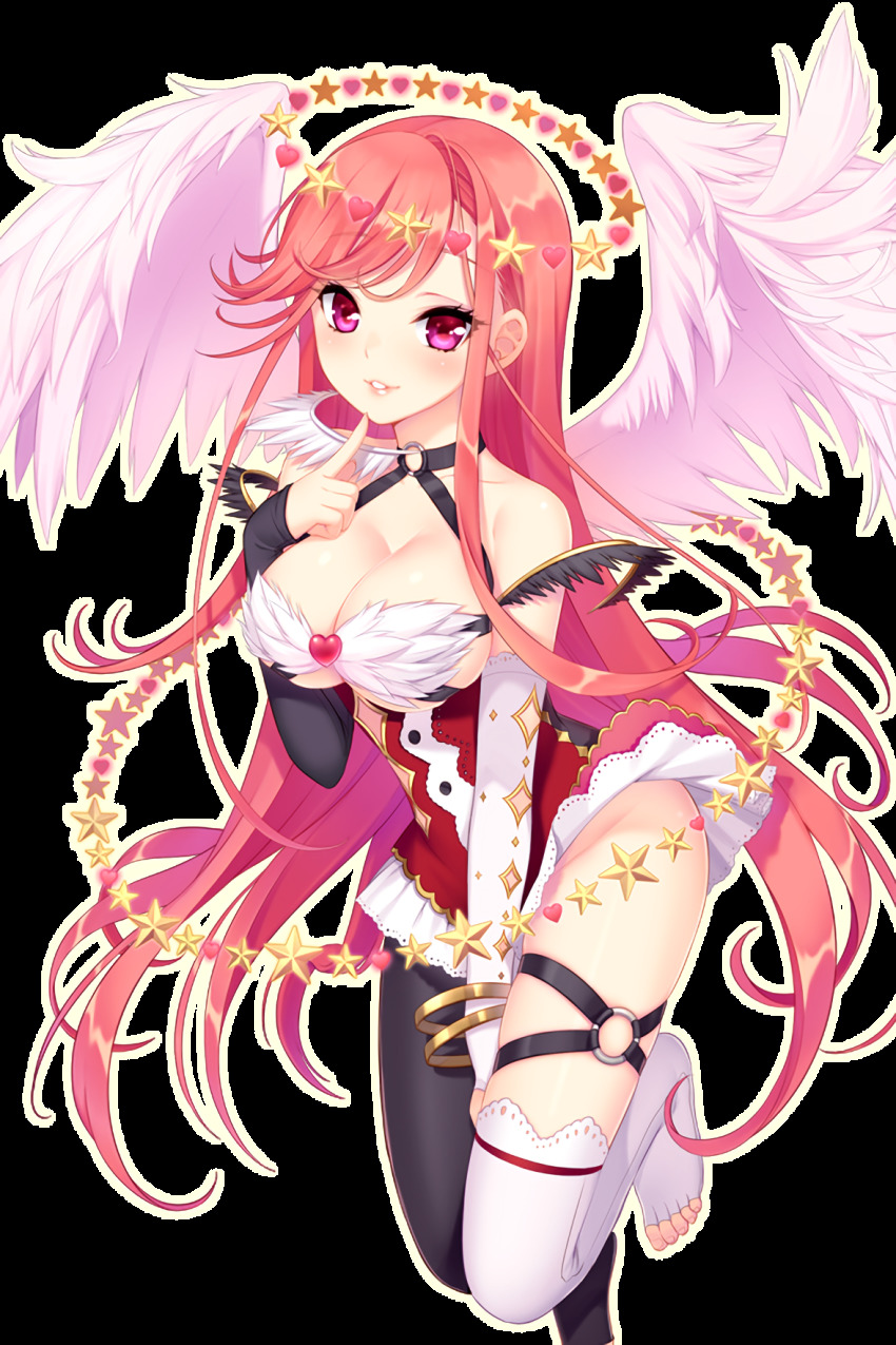 1girl angel angel_wings bare_shoulders breasts cleavage dress feathered_wings finger_to_mouth framed_breasts garter_straps halo halterneck heart highres long_hair looking_at_viewer medium_breasts no_panties official_art orbit pantyhose pink_dress purple_eyes red_dress shirahane_nao sitting soccer_spirits star_(symbol) thighhighs transparent_background verister_(soccer_spirits) wings
