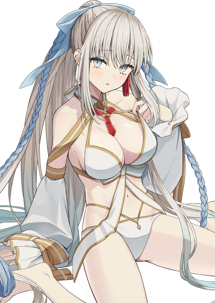 1girl absurdres belt bikini blue_eyes blush bow bow_choker braid breasts cape choker commentary_request detached_sleeves fate/grand_order fate_(series) flower grey_hair hair_bow hair_flower hair_ornament highres kake_udon large_breasts long_hair looking_at_viewer mirror_twins morgan_le_fay_(fate) morgan_le_fay_(water_princess)_(fate) multicolored_cape navel simple_background sitting solo stomach striped_belt swimsuit tassel tassel_hair_ornament two-tone_bow two-tone_sleeves very_long_hair wariza white_bikini
