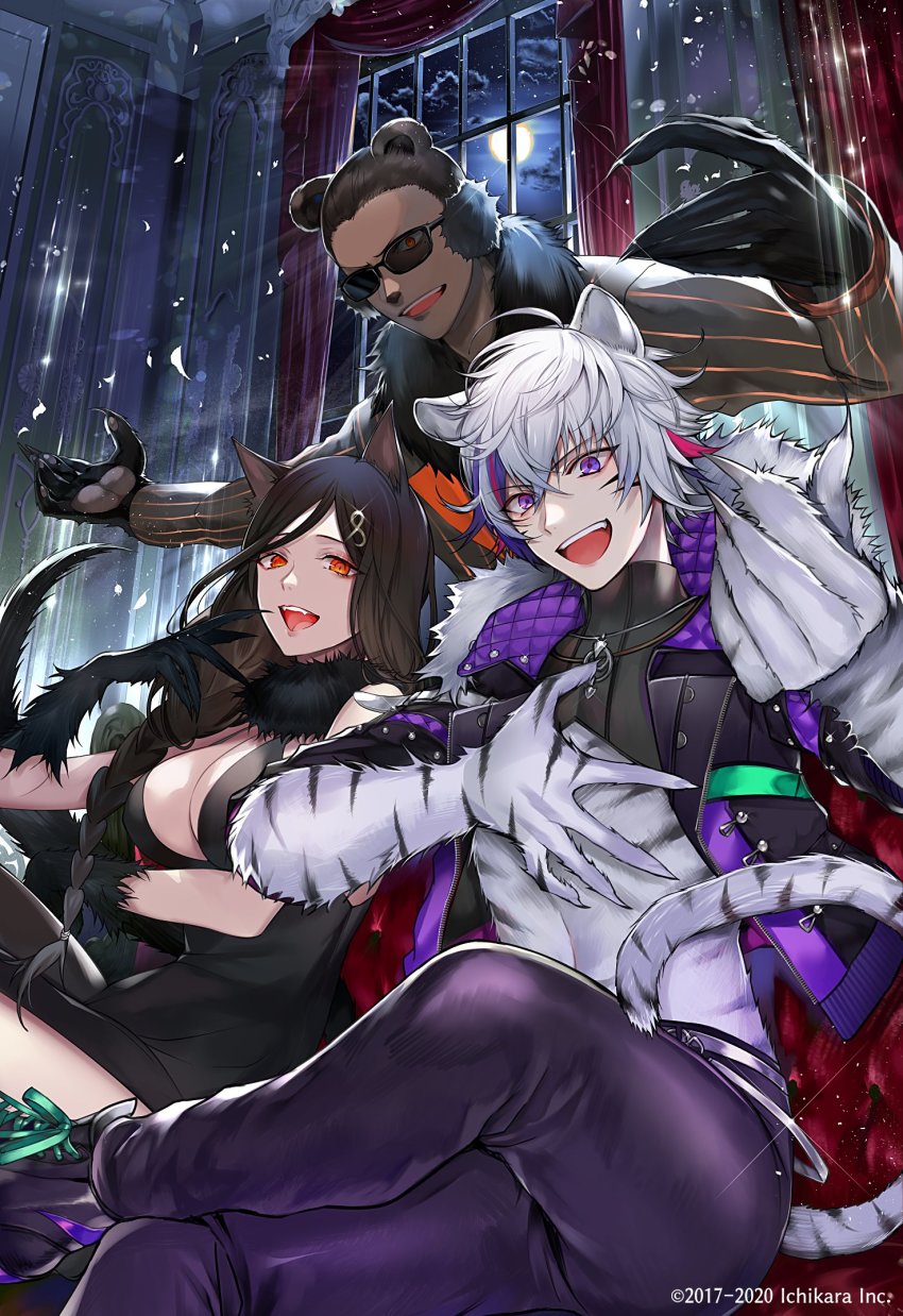 1girl 2boys :d animal_ears bear_boy bear_ears beckoning black_dress black_footwear black_hair black_jacket body_fur braid breasts brown_jacket claws cleavage cloud copyright_notice couch crossed_bangs curtains dress earmuffs facial_mark falling_petals fang fangs feet_out_of_frame full_moon fur-trimmed_jacket fur_collar fur_scarf fur_trim fuwa_minato glint gwelu_os_gar hair_between_eyes hair_ornament hair_over_shoulder hair_slicked_back hairclip hand_on_own_chest hand_to_own_mouth high_tops highres jacket jewelry kemonomimi_mode large_breasts looking_at_viewer mole mole_under_eye moon multicolored_hair multiple_boys necklace night nijisanji open_clothes open_jacket open_mouth orange_eyes outstretched_arm padded_jacket pants petals pink_hair purple_eyes purple_hair purple_pants shirayuki_tomoe shoes short_hair shrug_(clothing) side_slit single_braid sitting sleeveless sleeveless_dress smile sneakers standing streaked_hair striped_clothes striped_jacket sunglasses tail tcb teeth tiger_boy tiger_ears tiger_tail turtleneck upper_body upper_teeth_only virtual_youtuber white_hair window wolf_ears wolf_girl wolf_tail zipper