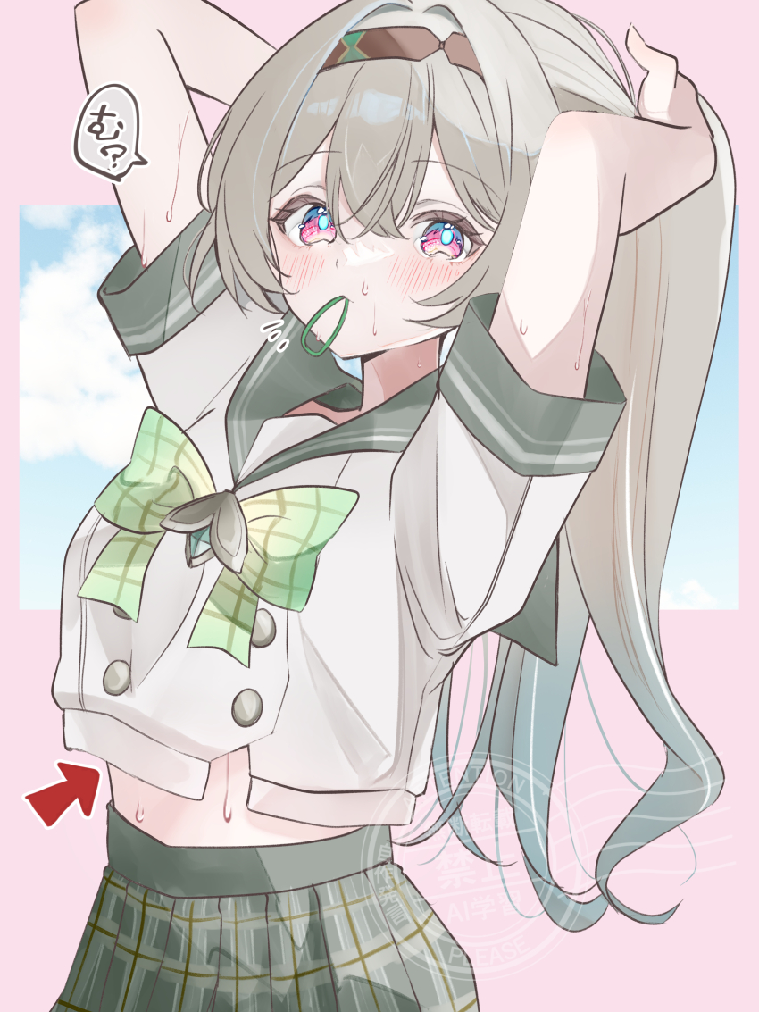 1girl absurdres black_hairband blue_pupils bow bowtie buttons chicanaction commentary_request double-breasted firefly_(honkai:_star_rail) firefly_(spring_missive)_(honkai:_star_rail) gradient_hair green_bow green_bowtie green_hair grey_hair grey_sailor_collar hair_tie_in_mouth hairband highres honkai:_star_rail honkai_(series) long_hair looking_at_viewer midriff mouth_hold multicolored_hair official_alternate_costume plaid_bow plaid_bowtie plaid_clothes pleated_skirt purple_eyes sailor_collar school_uniform shirt short_sleeves skirt solo translation_request two-tone_hair tying_hair watermark white_shirt