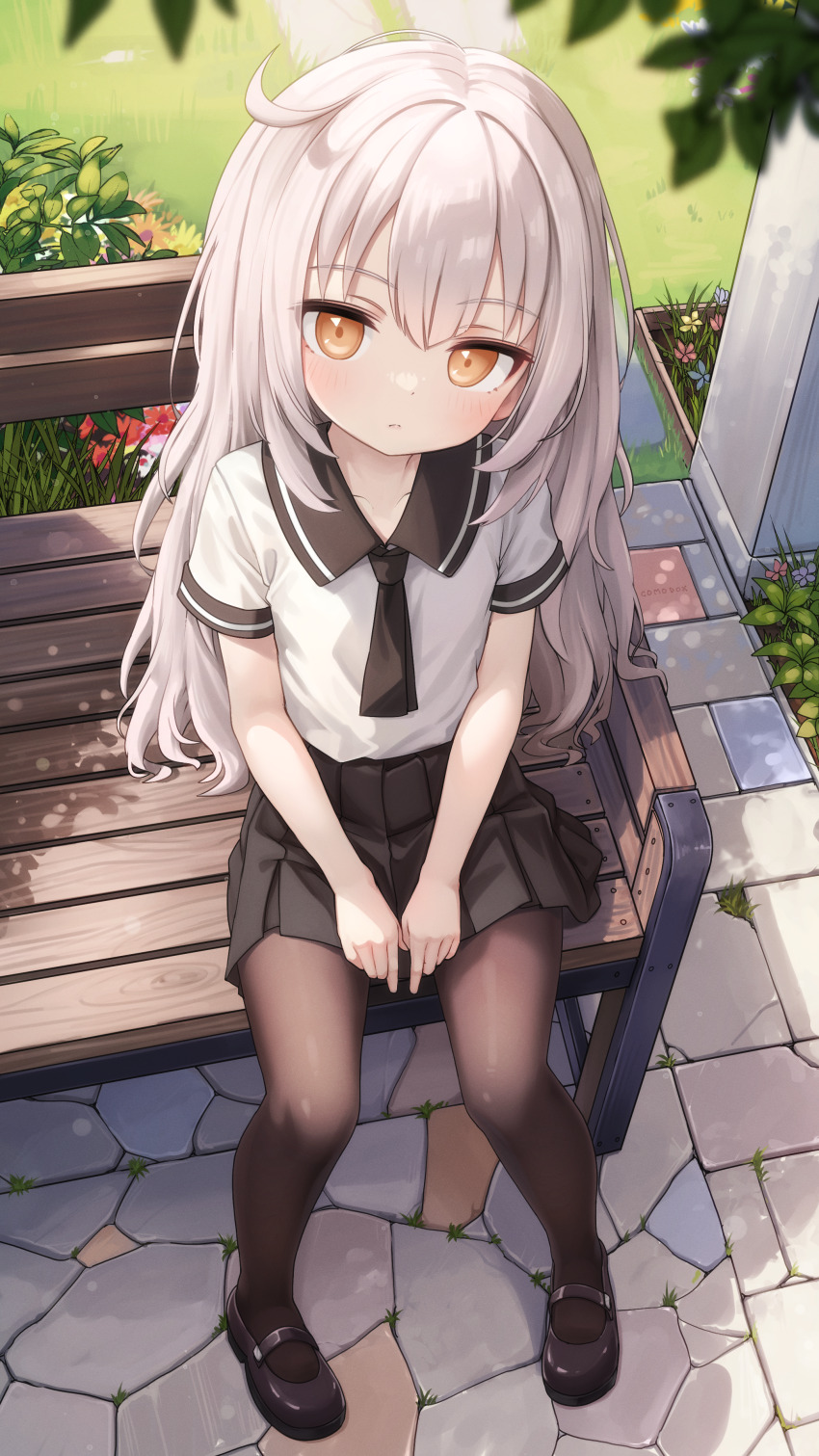 1girl absurdres bench black_pantyhose black_shoes black_skirt closed_mouth commentary comodox english_commentary from_above highres la_aong_(comodox) long_hair looking_at_viewer mary_janes miniskirt orange_eyes original outdoors paid_reward_available pantyhose park_bench pleated_skirt shirt shoes short_sleeves sitting skirt solo variant_set white_hair white_shirt