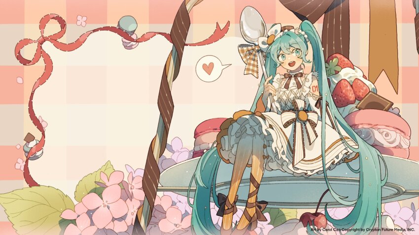 1girl ankle_bow ankle_ribbon aqua_eyes aqua_hair arm_tattoo artist_name basket beaded_hair_ornament blush bow brown_bow brown_hat brown_ribbon brown_shoes carol_cao checkered_background cherry chocolate clothing_cutout commentary copyright_notice dress english_commentary flower food frilled_dress frills fruit full_body hat hatsune_miku heart high_heels highres holding holding_spoon leg_ribbon looking_to_the_side macaron mini_hat mini_person neck_ribbon number_tattoo on_plate orange_thighhighs pink_flower plaid_bow plaid_hat purple_flower red_ribbon red_tattoo ribbon shoes shoulder_cutout sitting solo speech_bubble spoken_heart spoon strawberry striped_clothes striped_thighhighs tattoo teeth thighhighs twintails upper_teeth_only vertical-striped_clothes vertical-striped_thighhighs vocaloid whipped_cream white_dress