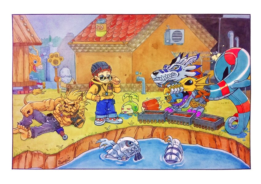backpack bag birdramon coelamon cosplay digimon digimon_(creature) fish garurumon hat highres jijimon leomon looking_at_another mameo_(digimon) mameo_(digimon)_(cosplay) seadramon sharp_teeth tanemon teeth