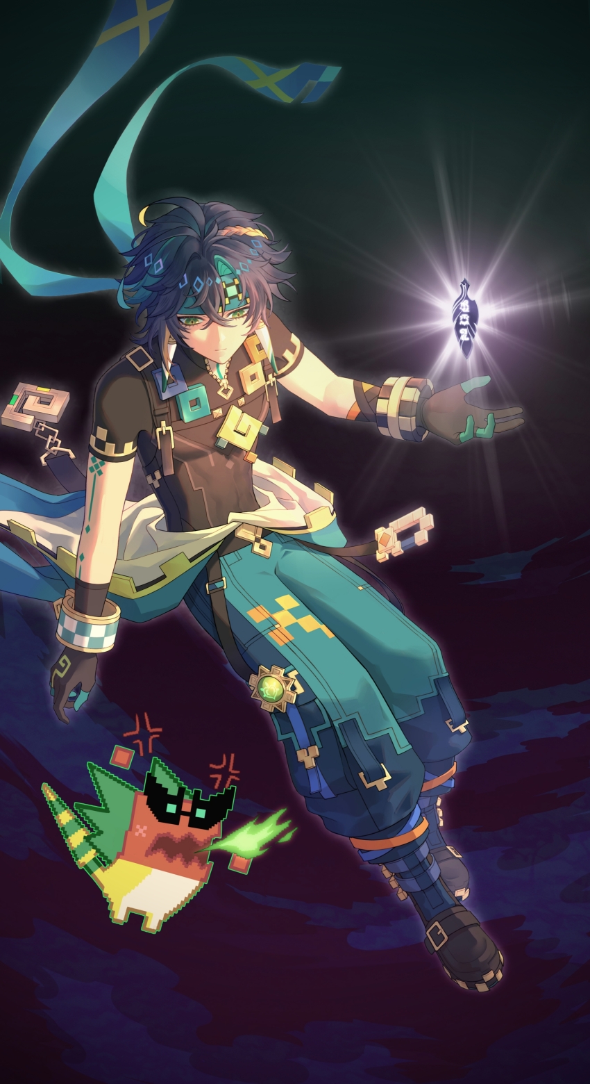 1boy 1other absurdres ajaw_(genshin_impact) aqua_headband aqua_pants arm_tattoo black_gloves black_hair black_shirt black_shoes closed_mouth clothes_around_waist earrings erzplubdduik93g genshin_impact gloves green_eyes green_hair hair_between_eyes headband highres jewelry kinich_(genshin_impact) male_focus multicolored_hair pants shirt shoes short_hair short_sleeves simple_background streaked_hair tattoo two-tone_gloves upper_body