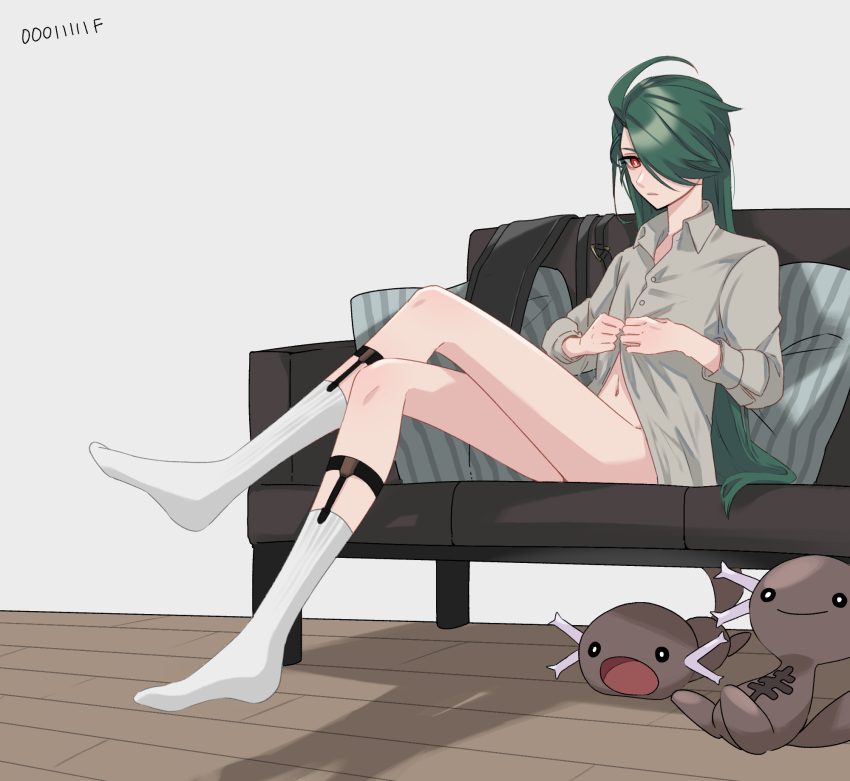 1f_(seisen_shokuhin) 1girl bottomless buttoning couch gen_2_pokemon green_hair hair_over_one_eye highres legwear_garter long_hair navel nintendo no_bra no_panties open_mouth paldean_wooper pants pillow pokemon pokemon_sv ponytail red_eyes rika_(pokemon) sitting socks solo unbuttoning unworn_pants wooden_floor wooper