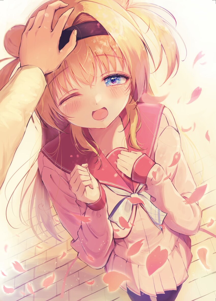 1boy 1girl ;d absurdres ashiyu0330 black_hairband blonde_hair blue_eyes blush brother_and_sister chitose_haruki chitose_sana clenched_hand closed_mouth commentary_request cowboy_shot double_bun dutch_angle eyelashes falling_petals floating_hair foreshortening hair_between_eyes hair_bun hair_intakes hairband hands_up happy highres long_hair long_sleeves looking_at_viewer miniskirt one_eye_closed open_mouth outdoors petals pink_serafuku pink_shirt pink_skirt pleated_skirt pov pov_hands red_sailor_collar sailor_collar school_uniform serafuku shirt siblings sidelocks skirt sleeves_past_wrists smile solo_focus straight_hair tenshinranman two_side_up