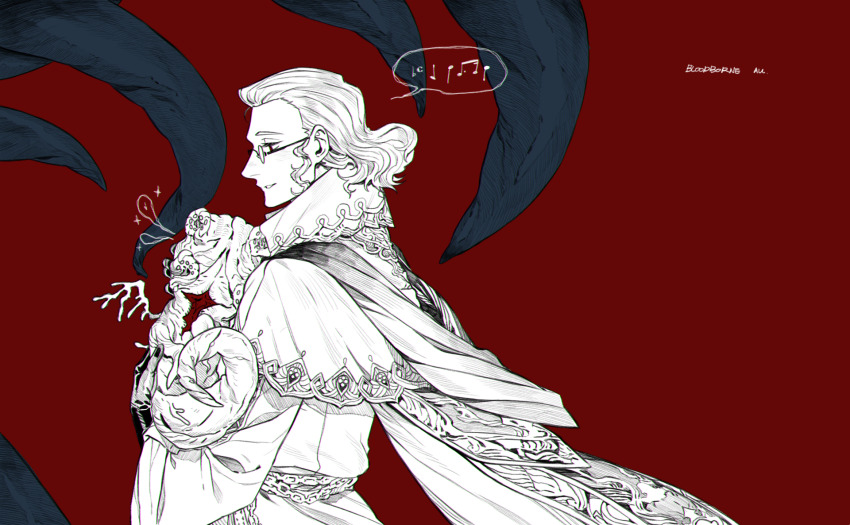 1boy bloodborne capelet celestial_child classicaloid crossover franz_schubert_(classicaloid) from_side glasses gloves greyscale_with_colored_background highres holding male_focus music musical_note red_background robe sf_jd short_hair simple_background singing solo spoken_musical_note upper_body