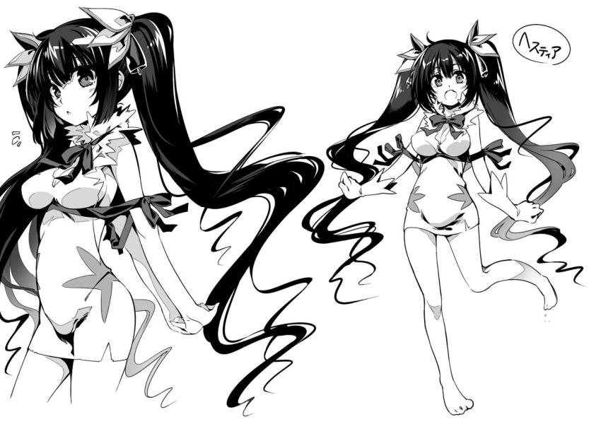 10s 1girl bad_id bad_twitter_id black_hair breasts dungeon_ni_deai_wo_motomeru_no_wa_machigatteiru_darou_ka female_focus greyscale hestia_(danmachi) kawakami_shuuichi large_breasts long_hair monochrome rei_no_himo solo twintails
