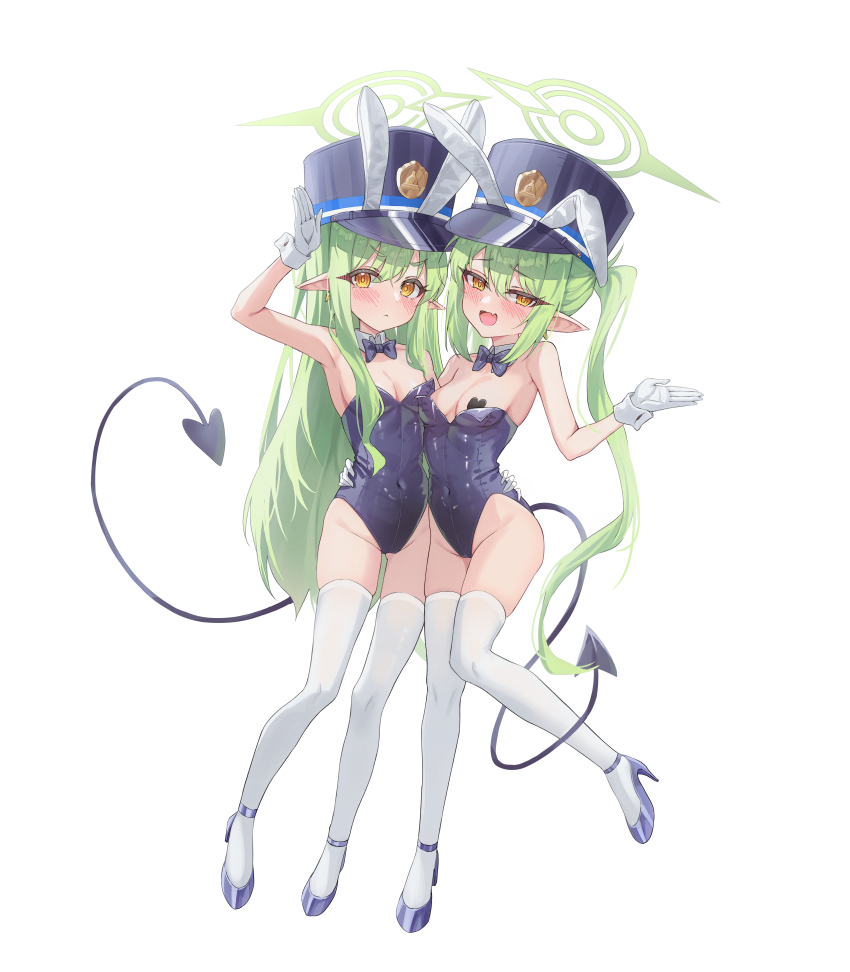 2girls absurdres alternate_costume animal_ears black_bow black_bowtie blue_archive bow bowtie breast_press breasts closed_mouth commentary_request demon_girl demon_tail fake_animal_ears full_body gloves green_halo grey_hair halo high_heels highres hikari_(blue_archive) huge_filesize leotard loli long_hair multiple_girls nozomi_(blue_archive) open_mouth playboy_bunny rabbit_ears shj1998z siblings sidelocks sisters small_breasts standing standing_on_one_leg symmetrical_docking tail thighhighs twins unfinished white_gloves white_thighhighs white_wrist_cuffs wrist_cuffs yellow_eyes