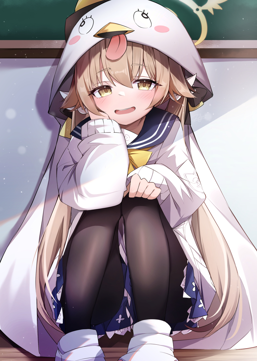 1girl absurdres animal_hood black_pantyhose blue_archive blue_skirt brown_hair cardigan frilled_skirt frills futagoma halo hifumi_(blue_archive) highres hood long_hair long_sleeves looking_at_viewer low_twintails miniskirt pantyhose peroro_(blue_archive) pleated_skirt school_uniform serafuku skirt smile solo twintails white_cardigan winged_halo yellow_eyes yellow_halo