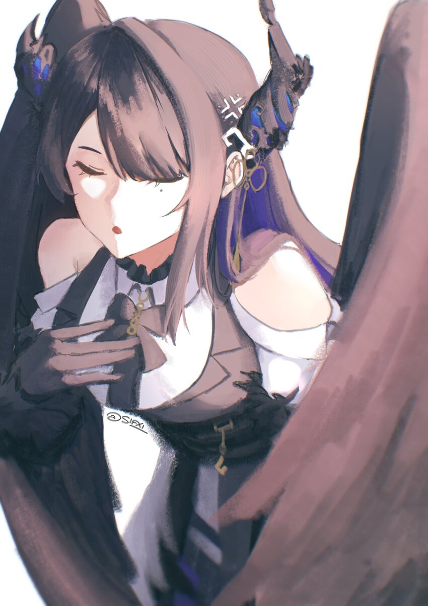 1girl absurdres asymmetrical_horns bare_shoulders bird_wings black_feathers black_hair black_wings blue_hair breasts clothing_cutout colored_inner_hair crystal_horns demon_horns feather-trimmed_jacket feathered_wings feathers flower gloves hair_ornament highres hololive hololive_english horn_flower horns large_breasts long_hair looking_at_viewer mole mole_under_eye multicolored_hair nerissa_ravencroft nerissa_ravencroft_(1st_costume) shirt shoulder_cutout soap_(sifxi_) solo two-tone_hair uneven_horns very_long_hair virtual_youtuber wings