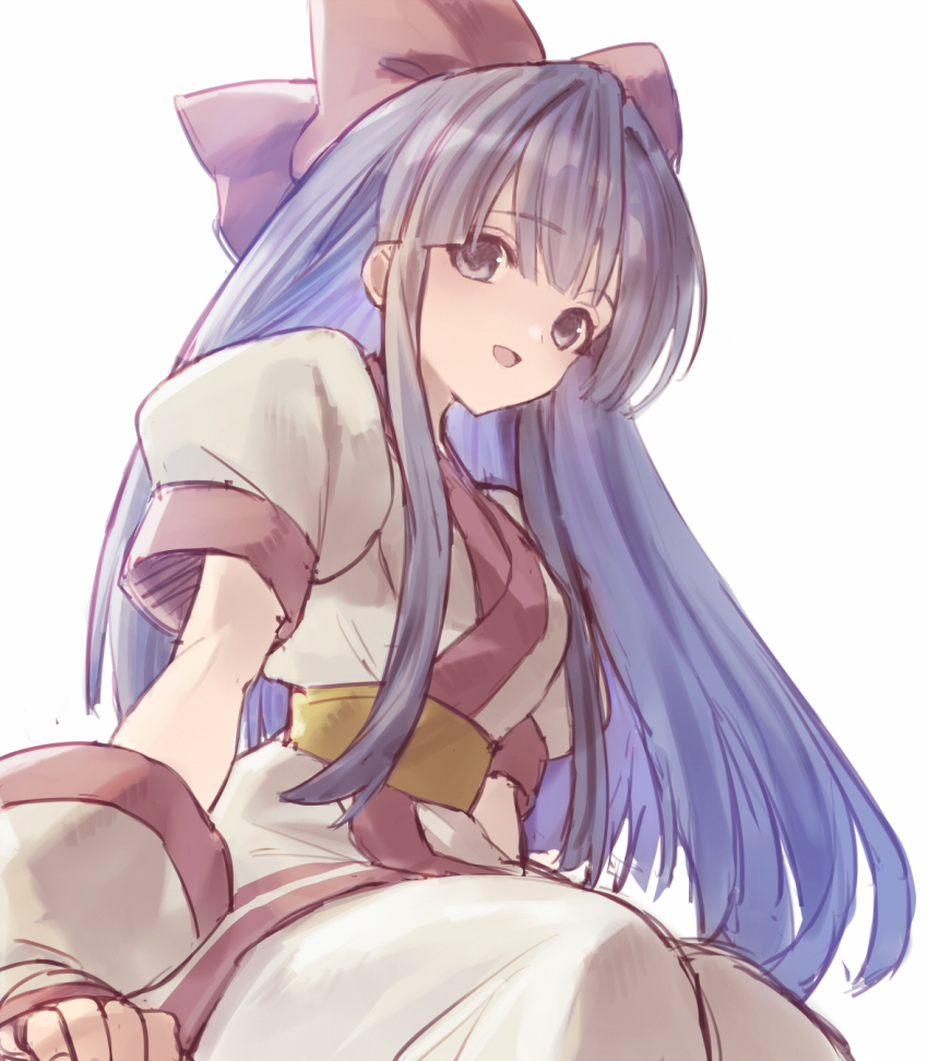 1girl ainu_clothes black_hair bow breasts commentary_request detached_sleeves grey_eyes hair_bow hair_intakes hair_ribbon highres long_hair looking_at_viewer nakoruru open_mouth pants purple_hair red_bow ribbon samurai_spirits sash simple_background sitting small_breasts smile snk solo talgi the_king_of_fighters triangle_mouth white_background white_pants yellow_sash