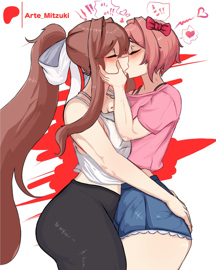 ! !! 2girls arte_mitzuki ass blush bow breast_press brown_hair closed_eyes denim denim_shorts doki_doki_literature_club hair_bow hair_intakes hand_on_another&#039;s_cheek hand_on_another&#039;s_face hands_on_another&#039;s_ass highres long_hair love_hearts monika_(doki_doki_literature_club) multiple_girls pants pink_t-shirt ponytail sayori_(doki_doki_literature_club) short_hair shorts sweatpants tank_top two-tone_background very_long_hair yuri