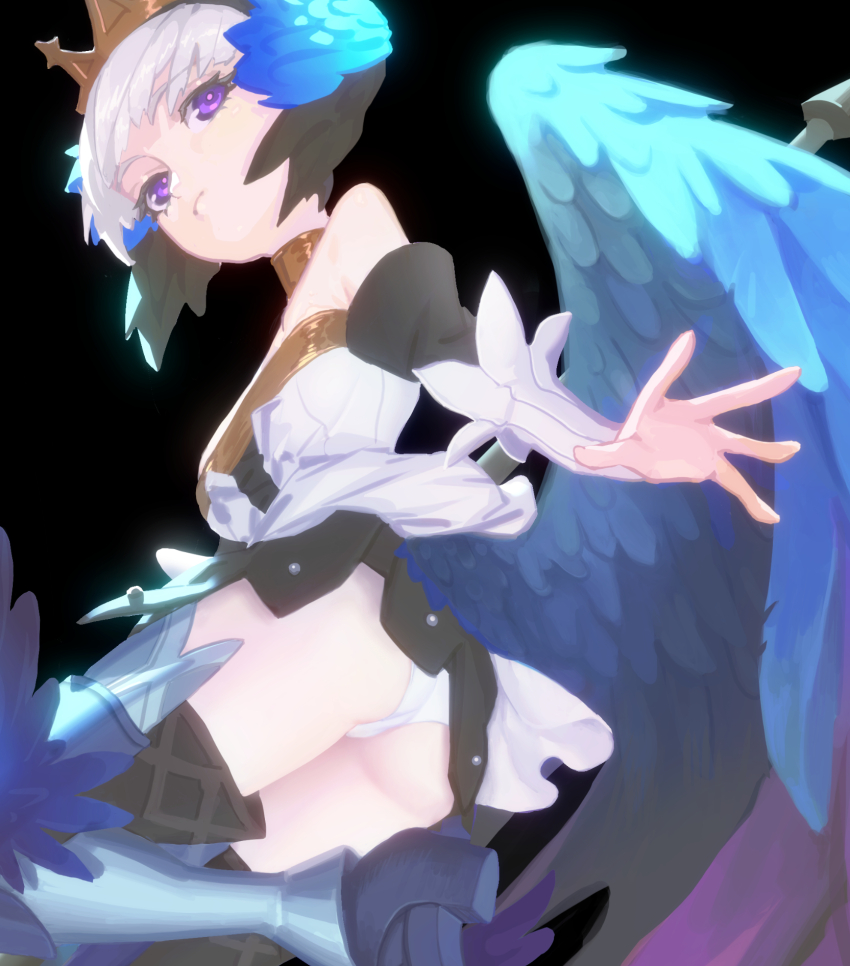 1girl ass black_background boots breasts choker commentary crown dress expressionless feathered_wings gwendolyn_(odin_sphere) high_heel_boots high_heels highres latblackblack leg_wings looking_at_viewer low_wings medium_breasts odin_sphere panties pantyshot polearm purple_eyes short_hair simple_background solo spear strapless strapless_dress thigh_boots underwear valkyrie weapon white_hair white_panties wings