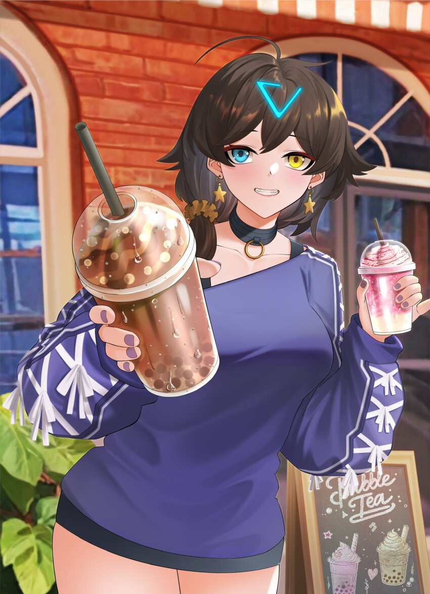 1girl ahoge alternate_costume azur_lane black_choker blue_eyes blue_sweater breasts brown_hair bubble_tea casual choker collarbone commentary commission cowboy_shot cup disposable_cup drinking_straw earrings english_commentary georgia_(azur_lane) hair_ornament heterochromia highres holding holding_cup jewelry long_sleeves looking_at_viewer medium_breasts medium_hair nail_polish outdoors purple_nails samsam_s2s second-party_source smile solo star_(symbol) star_earrings sweater yellow_eyes