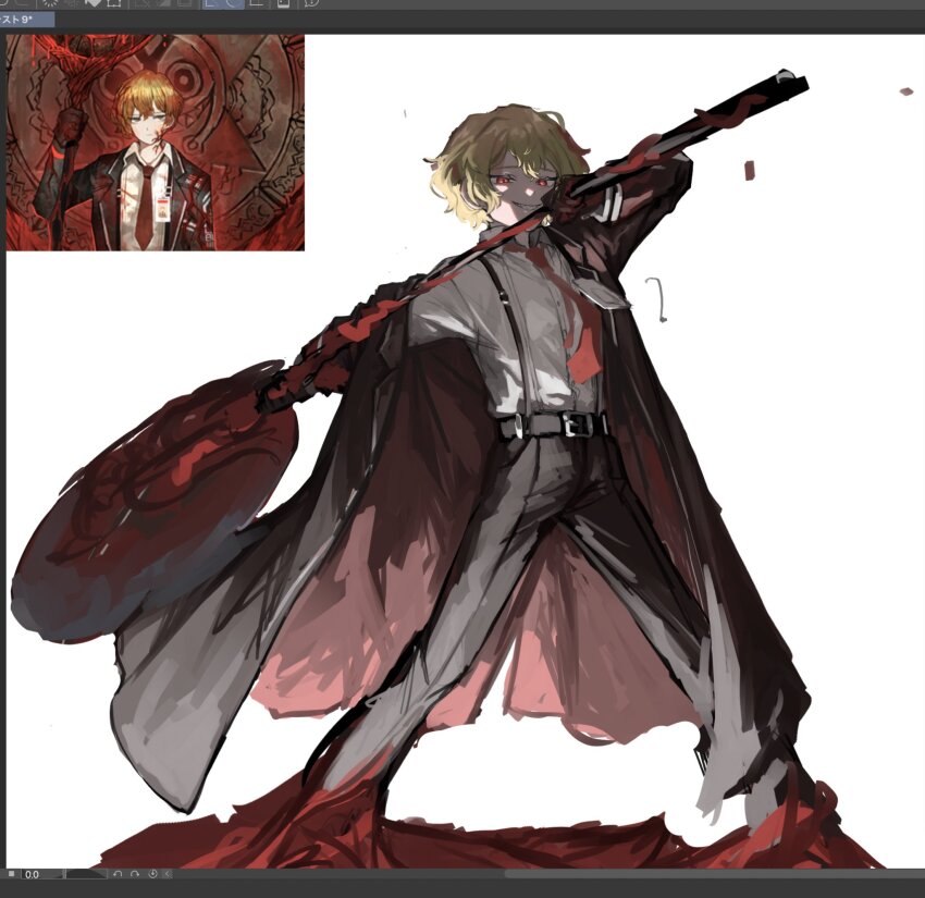 1boy black_coat black_pants blonde_hair blood coat doomsday_calendar_(project_moon) e.g.o_(project_moon) flesh full_body grin highres holding holding_weapon impending_day_(e.g.o) limbus_company long_sleeves looking_at_viewer necktie pants project_moon red_eyes red_necktie sinclair_(project_moon) smile suspenders upi_(ukn18pkanother) weapon