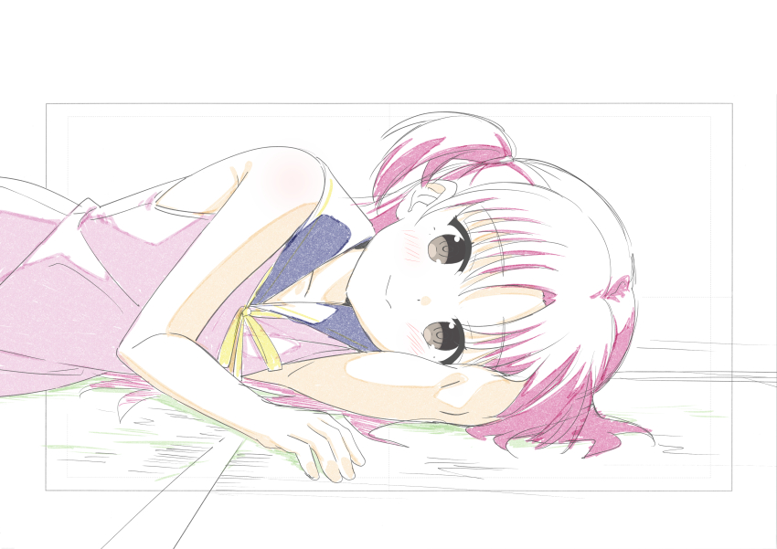 1girl absurdres bare_shoulders dress flat_chest grey_eyes highres katou_umi long_hair looking_at_viewer lying on_side papiyon1297 pink_hair sailor_dress sketch smile solo summer_pockets two_side_up upper_body
