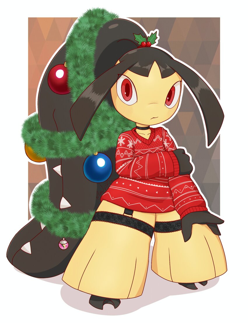 1girl absurdly_long_hair absurdres barefoot big_hair black_choker black_hair black_skin blush border bottomless brown_background choker christmas_ornaments christmas_ornaments_in_hair christmas_sweater closed_mouth collarbone colored_skin extra_mouth female_focus flat_chest full_body garter_straps gen_3_pokemon hair_ornament hand_up highres holding_own_arm holly_hair_ornament light_blush long_hair long_sleeves looking_at_viewer mawaifu mawile mega_stone multicolored_skin nintendo nose_blush outline outside_border pokemon pokemon_(creature) red_eyes red_sweater sharp_teeth sidelocks snowflake_print solo standing sweater teeth thick_thighs thighs tinsel two-tone_skin very_long_hair white_border white_outline yellow_skin