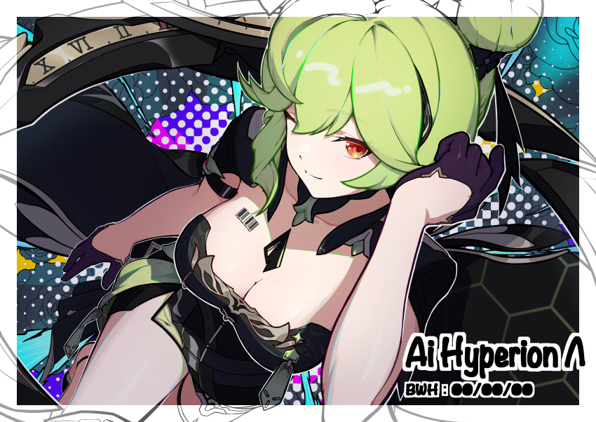 1girl absurdres adjusting_hair ai-chan_(honkai_impact) ai_hyperion_lambda ai_hyperion_lambda_(guiding_star) alternate_costume armor barcode border breasts cabbage character_name cleavage dutch_angle english_text from_above gloves green_hair hair_between_eyes hairband high_heels highres honkai_(series) honkai_impact_3rd jewelry light_smile looking_at_viewer one_eye_closed orange_eyes ring shoulder_armor sidelocks skirt solo strapless thighs white_border yikco