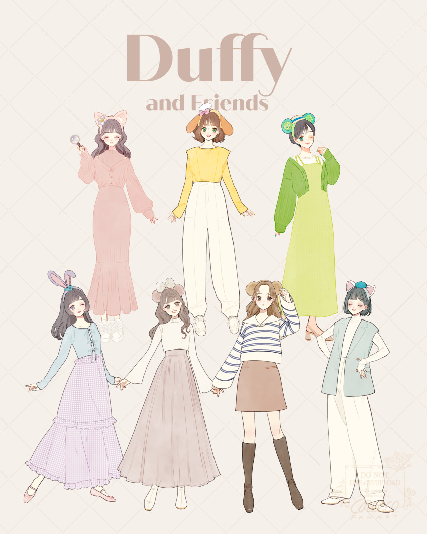 6+girls absurdres animal_ears animification bear_ear_hairband bear_ears brown_hair cookieann duffy_and_friends duffy_the_disney_bear full_body gelatoni genderswap hat highres humanization linabell long_hair looking_at_viewer meecosme multiple_girls olu_mel shelliemay shirt short_hair skirt smile stellalou sweater