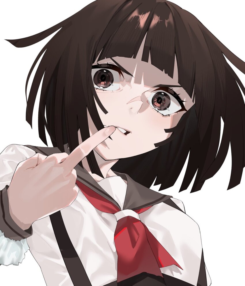 1girl angry arril100 breasts brown_eyes brown_hair character_request check_character collared_shirt highres long_sleeves looking_at_viewer medium_hair middle_finger monogatari_(series) nanahyakuichi_middle_school_uniform neckerchief open_mouth red_neckerchief sailor_collar school_uniform sengoku_nadeko serafuku shirt small_breasts teeth white_background white_shirt wrath_nadeko