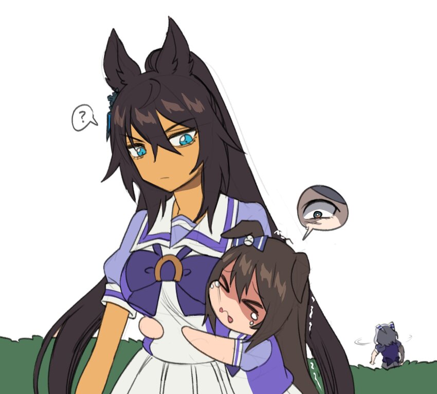 &gt;_&lt; 3girls ? animal_ears aqua_eyes black_hair bow bowtie breasts bright_pupils cheek_squash chibi commentary crying dark-skinned_female dark_skin deep_impact_(umamusume) earrings ears_back ears_down fukuro_(maruaru00) grey_eyes grey_hair half_updo hiding highres hishi_miracle_(umamusume) horse_ears horse_girl hug jewelry long_hair motion_lines multiple_girls puffy_short_sleeves puffy_sleeves purple_bow purple_bowtie purple_shirt sailor_collar sailor_shirt sanpaku scared shaded_face shirt short_sleeves single_earring speech_bubble spoken_character spoken_question_mark summer_uniform symboli_kris_s_(umamusume) tracen_training_uniform trembling umamusume very_long_hair waist_bow waist_hug wavy_mouth white_sailor_collar