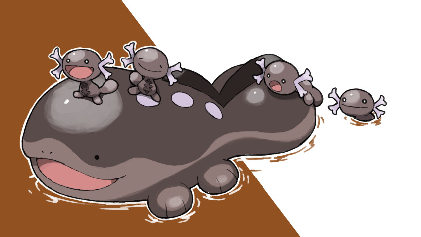 :d blacknirrow clodsire closed_eyes closed_mouth creatures_(company) evolutionary_line game_freak highres nintendo open_mouth outline paldean_wooper pokemon pokemon_(creature) ripples simple_background smile swimming two-tone_background white_outline