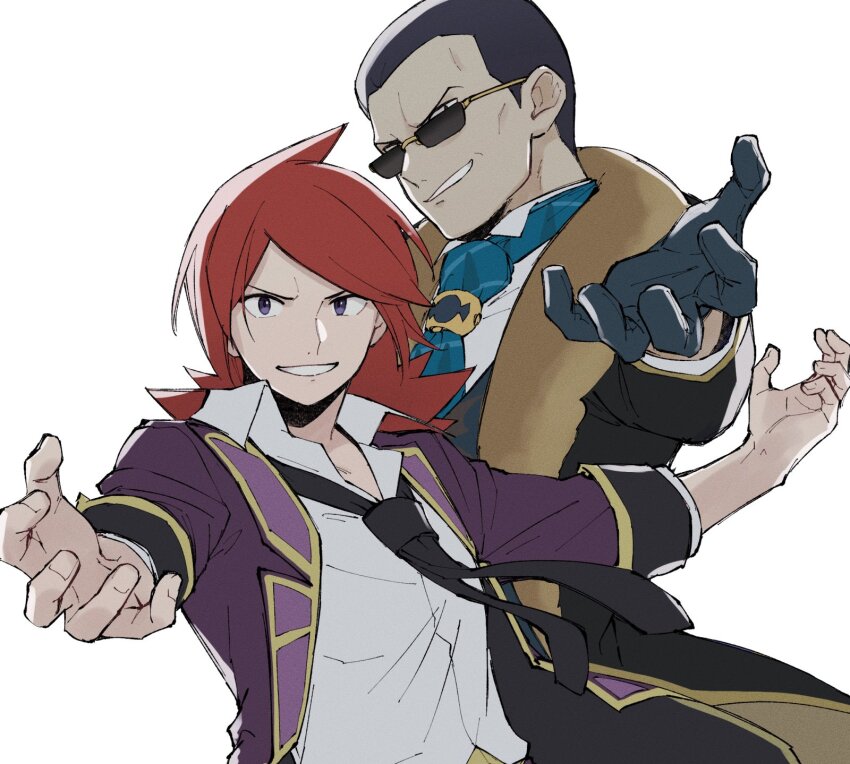 2boys black_hair black_necktie collared_shirt commentary_request cowlick father_and_son giovanni_(pokemon) giovanni_(sygna_suit)_(alt.)_(pokemon) gloves grey_eyes grin highres jacket long_hair looking_at_viewer male_focus mocollie multiple_boys necktie nintendo official_alternate_costume open_clothes open_jacket parted_bangs pokemon pokemon_masters_ex red_hair shirt short_hair silver_(champion)_(pokemon) silver_(pokemon) simple_background smile sunglasses teeth vest white_background white_shirt
