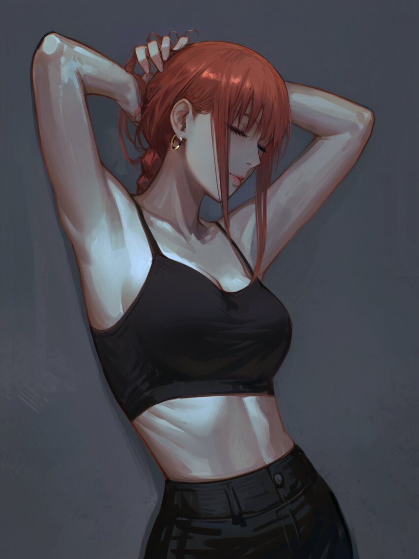 1girl absurdres armpits arms_behind_head black_pants black_sports_bra braid braided_ponytail chainsaw_man closed_eyes closed_mouth commentary earrings highres jewelry long_hair makima_(chainsaw_man) midriff mymzi pants red_hair simple_background solo sports_bra