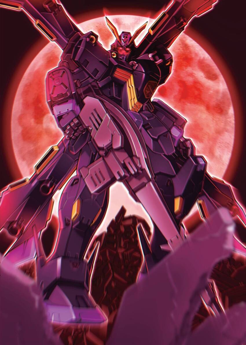 artist_request beam_rifle blurry blurry_foreground crossbone_gundam crossbone_gundam_x-2 crossbone_vanguard energy_gun glowing glowing_eyes gundam highres jolly_roger looking_at_viewer machinery mecha mecha_focus mobile_suit moon official_art planet promotional_art red_eyes red_light robot roundel ruins science_fiction v-fin weapon wreckage