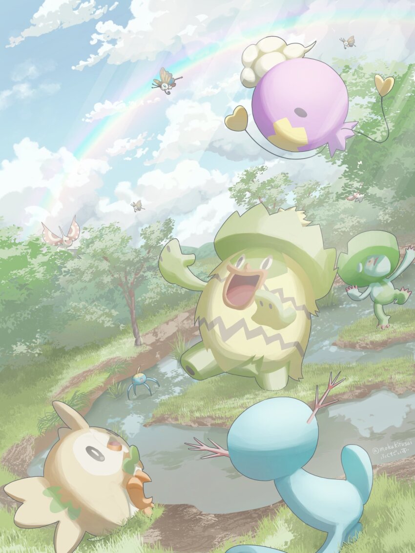 :d beautifly bright_pupils cloud commentary_request day drifloon gen_2_pokemon gen_3_pokemon gen_4_pokemon gen_7_pokemon grass highres leg_up lombre ludicolo masquerain mokukitusui nintendo no_humans open_mouth outdoors pokemon pokemon_(creature) rainbow rowlet sky smile standing standing_on_one_leg surskit water white_pupils wooper