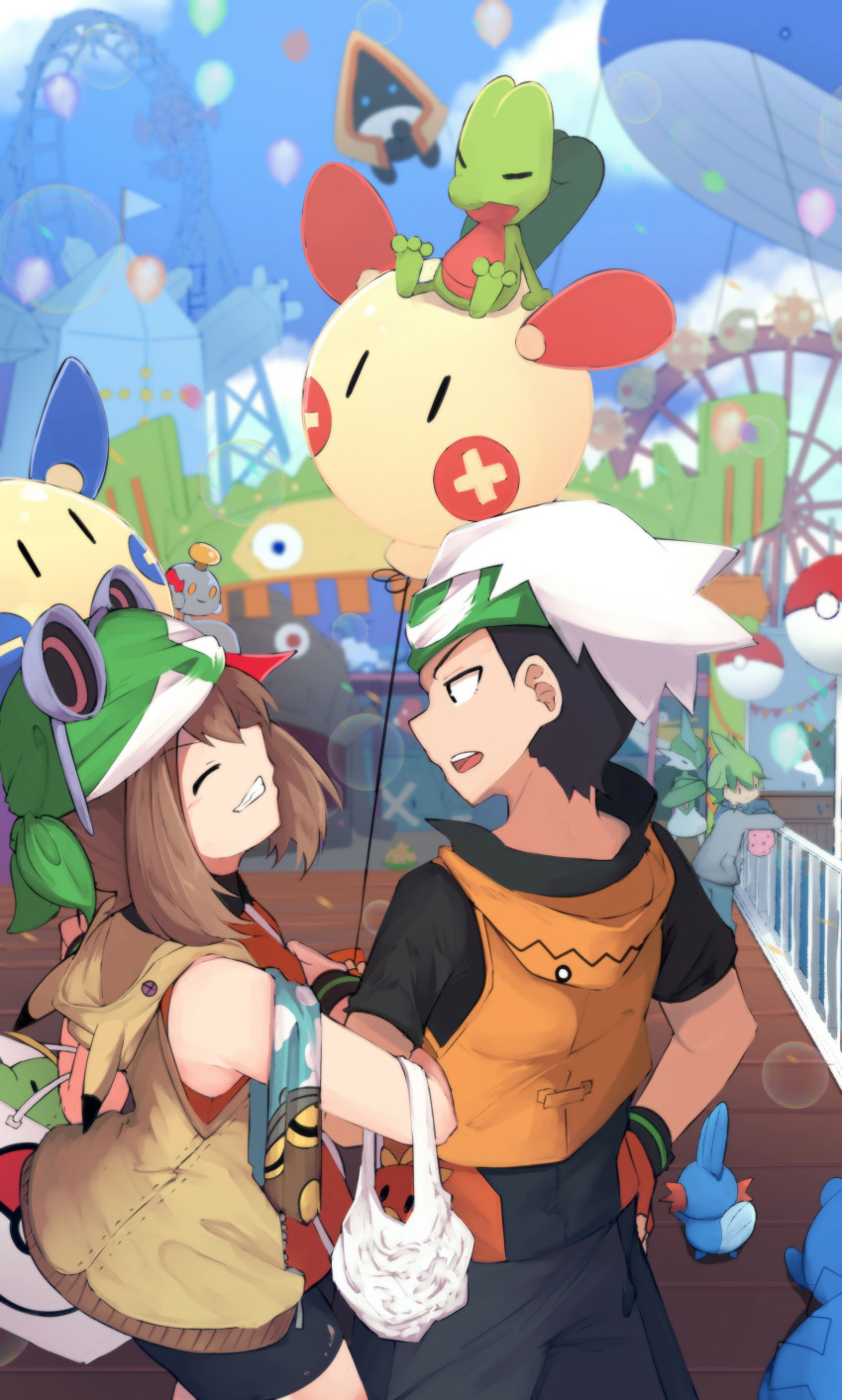 1girl 2boys absurdres amusement_park azurill bag balloon bandana beanie blue_sky brendan_(pokemon) brown_hair chimecho ferris_wheel fingerless_gloves gallade game_freak gen_3_pokemon gen_4_pokemon gloves green_bandana green_hair hand_on_own_hip hat highres holding holding_balloon hood hoodie legendary_pokemon locked_arms looking_at_another lunatone may_(pokemon) minun mudkip multiple_boys nintendo orange_hoodie outdoors plusle pokemon pokemon_(creature) pokemon_emerald pokemon_rse rameco regice shopping_bag sky smile snorunt solrock string_of_flags torchic treecko wailord wally_(pokemon)
