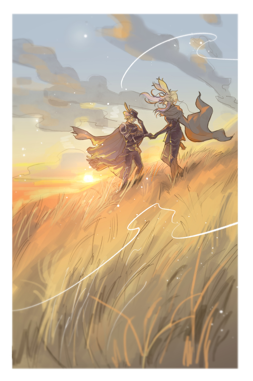 2girls animal_ears bib_bb_bib black_cape black_hat black_pants border cape cloud field final_fantasy final_fantasy_xiv floating_cape floating_hair from_side hat highres holding_hands long_hair multiple_girls outdoors pants rabbit_ears reaper_(final_fantasy) scenery short_hair standing sunset viera warrior_of_light_(ff14) white_border white_hair wide_shot yuri zero_(ff14)