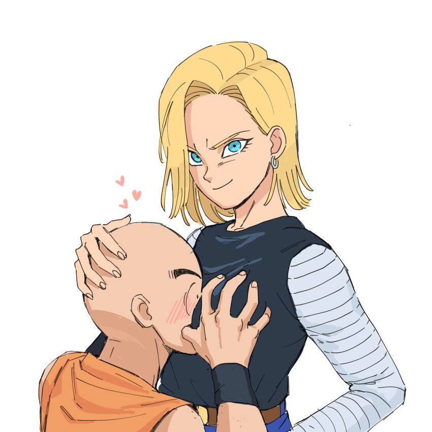 1boy 1girl android_18 bald between_breasts black_shirt blonde_hair blue_eyes blush breasts dougi dragon_ball dragonball_z face_to_breasts genniax grabbing_another&#039;s_breast groping hand_on_own_hip head_between_breasts heart highres kuririn looking_at_viewer pushing shirt short_hair smile upper_body